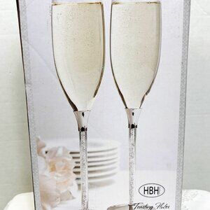 Champagne Toasting Flutes Wine Glass HBH Stemwear  Glittering Beads - Set of 2